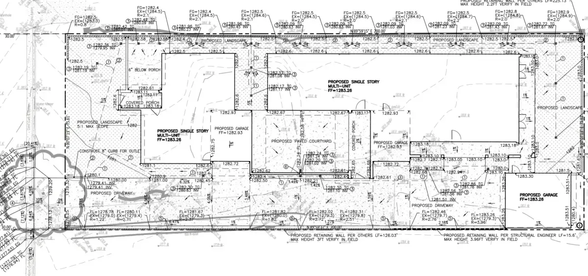 Drainage plan for Altadena multi-unit residential project showing drainage layout and street plans
