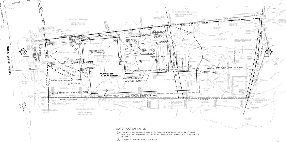 Grading plan for Altadena residence showing sheet flow to street and expanded patio with hydrology contours