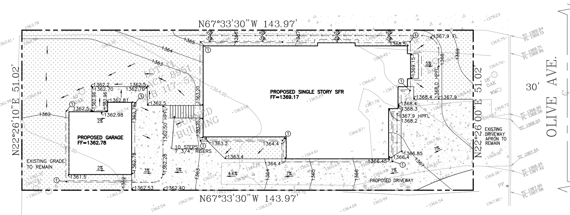 Olive Ave Drainage Plan - Sideways Lot with 7% East to West Slope