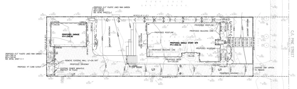 Drainage plan for Altadena residential project showing flowlines, elevations, and slope arrows