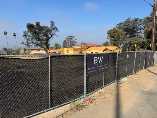 Construction site photo of the Altadena Punahou Street fire rebuild showing the site conditions during grading and drainage work