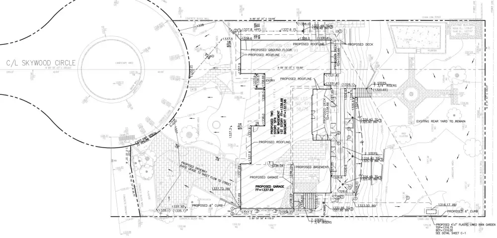 Drainage plan for Altadena residential project showing flowlines, elevations, and slope arrows