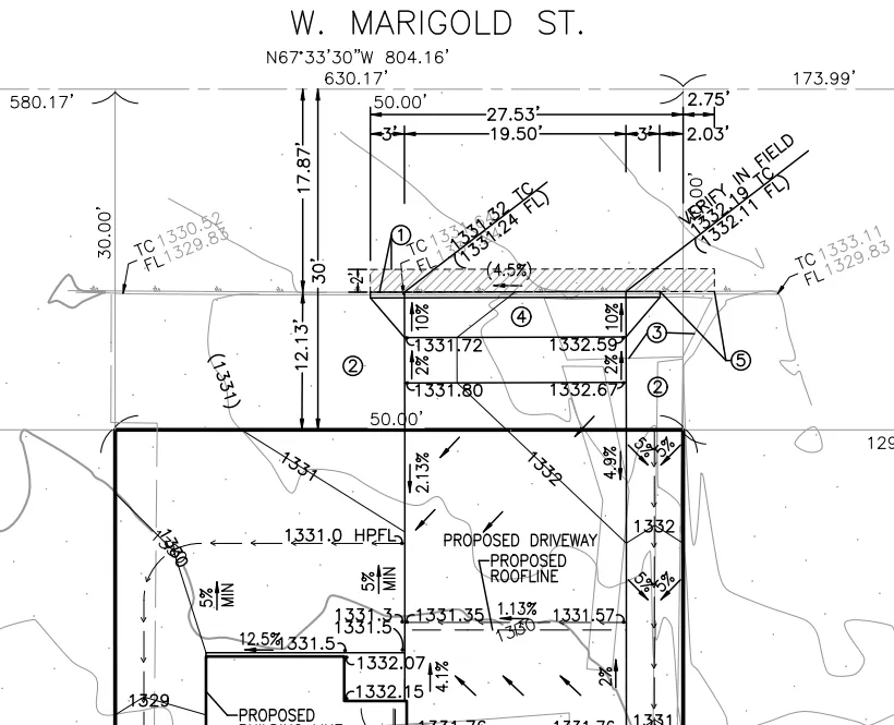 Drainage plan for Altadena West Marigold Street showing proposed grades, flowlines, rain gardens, and ADU connection
