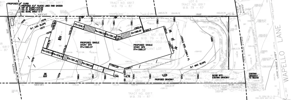 Drainage plan for Altadena residence showing rain garden, flow elevations, and slope percentages