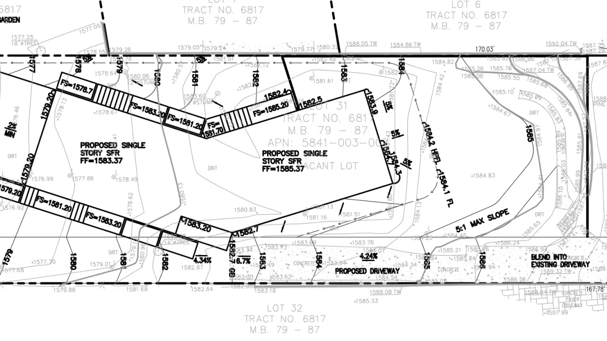 Drainage plan for Altadena residence showing rain garden, flow elevations, and slope percentages
