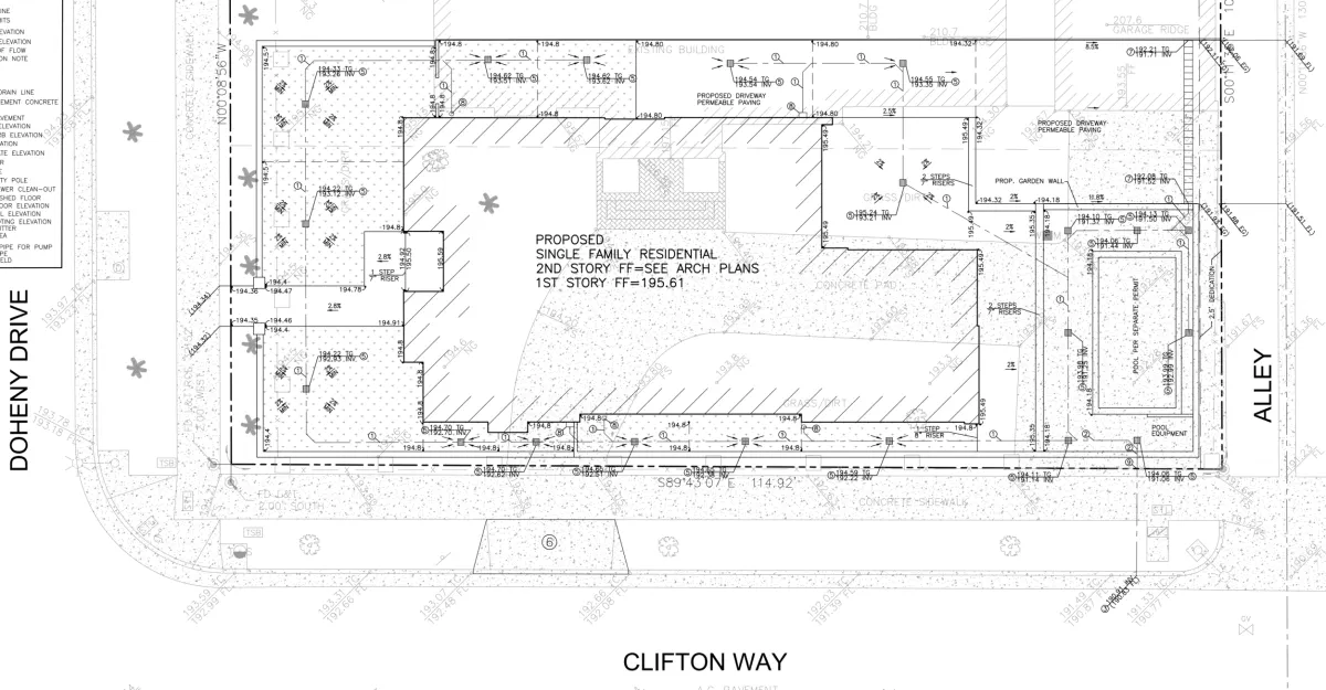 Beverly Hills grading plan showing proposed single-family residence with pool, topographic contours, and drainage flow patterns