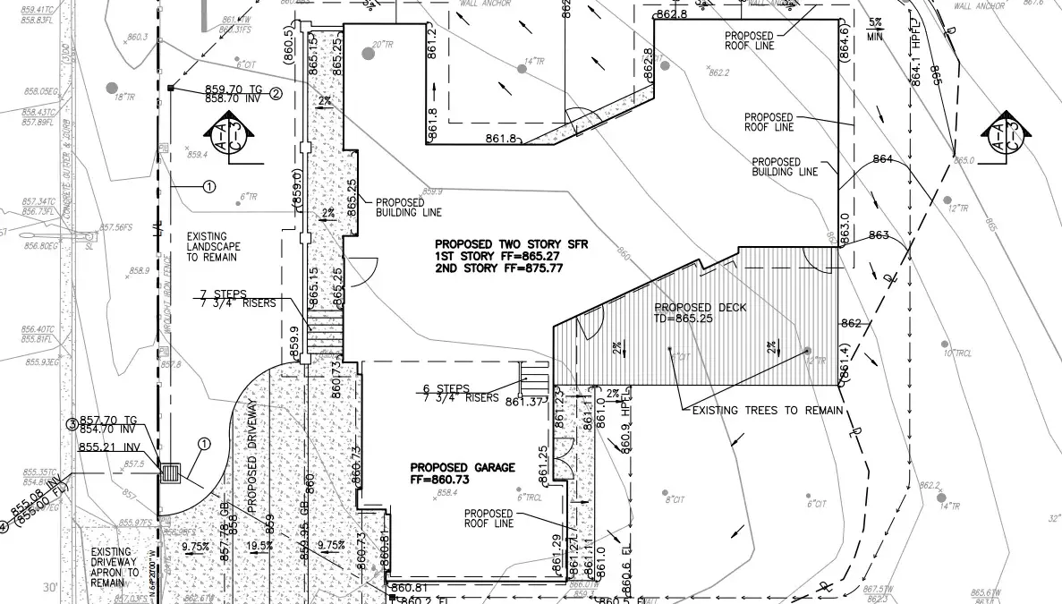 Conceptual grading plan for Burbank Sunset Canyon Drive showing proposed finished floor elevations, contours, flow arrows, and drainage patterns
