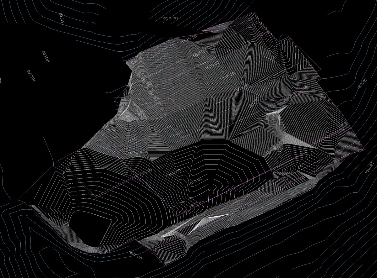 3D model of existing hillside site conditions showing steep Altadena topography, existing concrete flatwork, and original driveway configuration