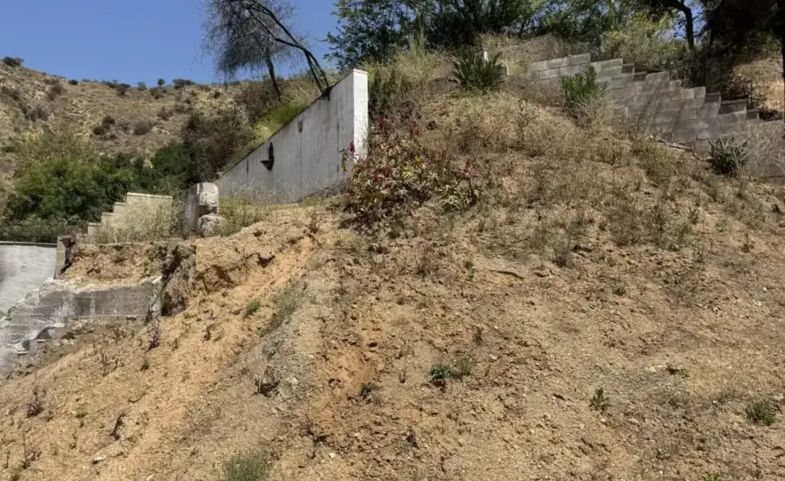 Steep hillside with existing concrete retaining walls and complex topography