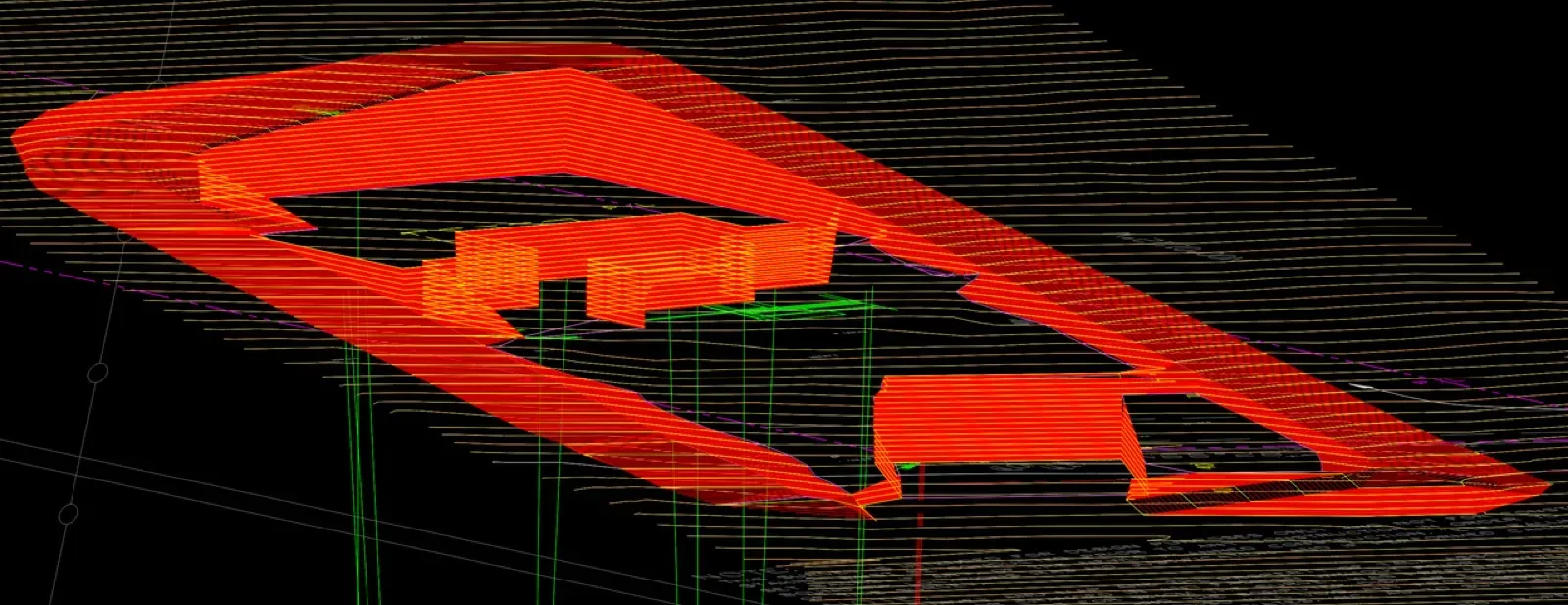 Proposed 3D grading model with cut and fill contours in red and orange over tan existing terrain showing the proposed Malibu hillside pads, fire access road, and driveway alignment