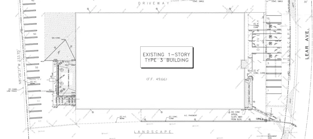 Grading and drainage plan for Ferrari and Maserati of Newport Beach on Red Hill Avenue in Costa Mesa showing parking lot layout, spot elevations, ADA-compliant ramps, swale removal areas, and drainage design