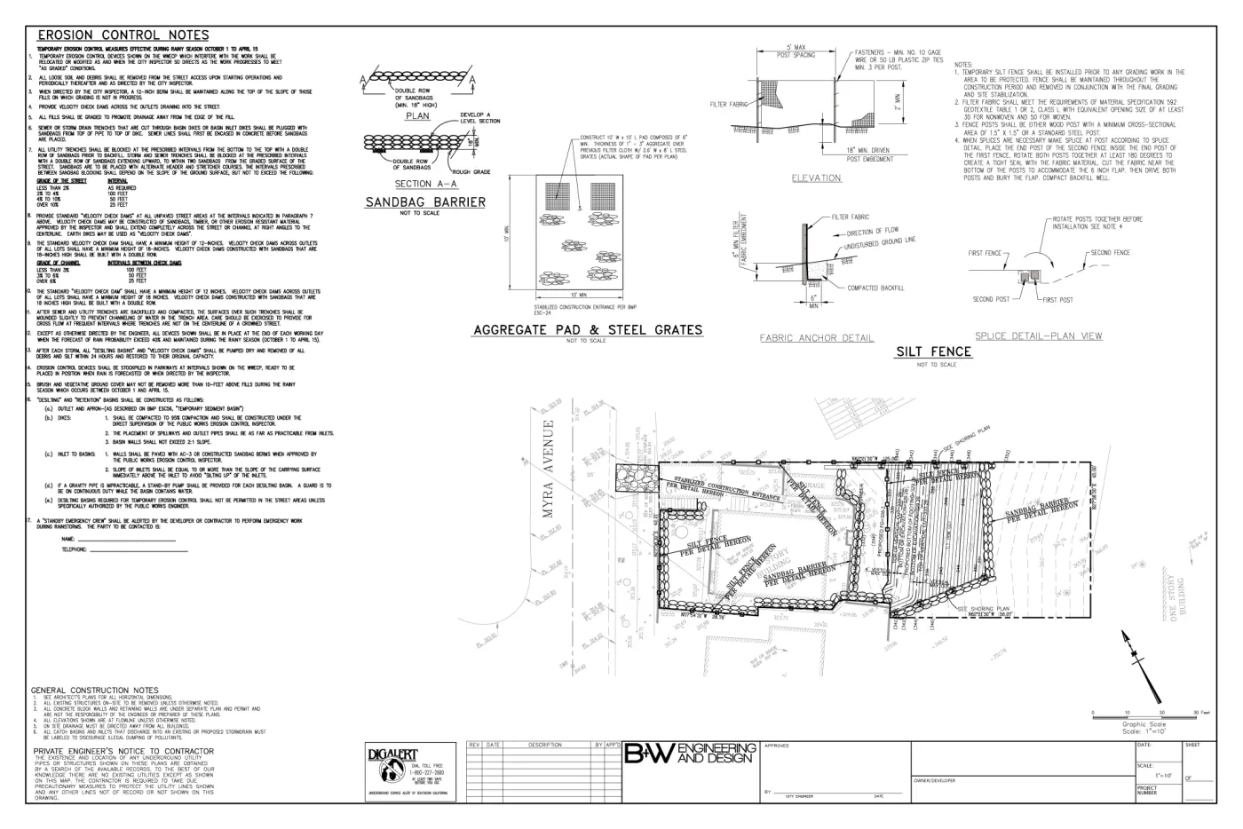 Echo Park Erosion Control Plan - Temporary erosion control measures including sandbag barriers, silt fences, and construction entrance specifications