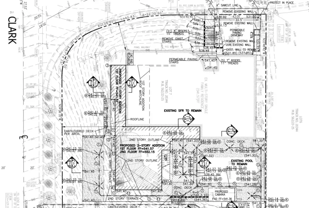 Grading plan for Devlin Drive showing proposed additions, pool deck, permeable paving, rain garden, and drainage improvements