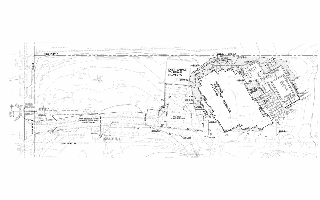 Malibu hillside drainage plan showing contour lines and stormwater management design