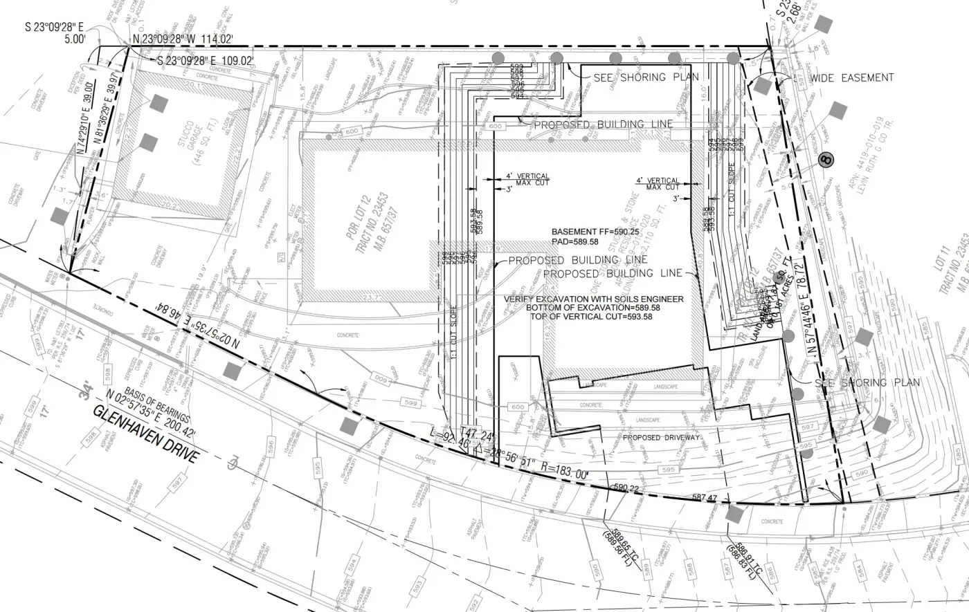 Excavation plan showing basement and garage level construction on a steep Pacific Palisades lot with typical 2:1 slope shoring limits