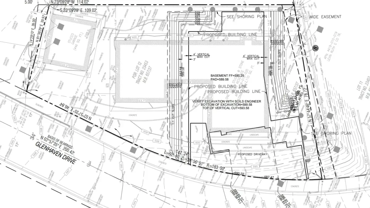 Excavation plan showing basement and garage level construction on a steep Pacific Palisades lot with typical 2:1 slope shoring limits