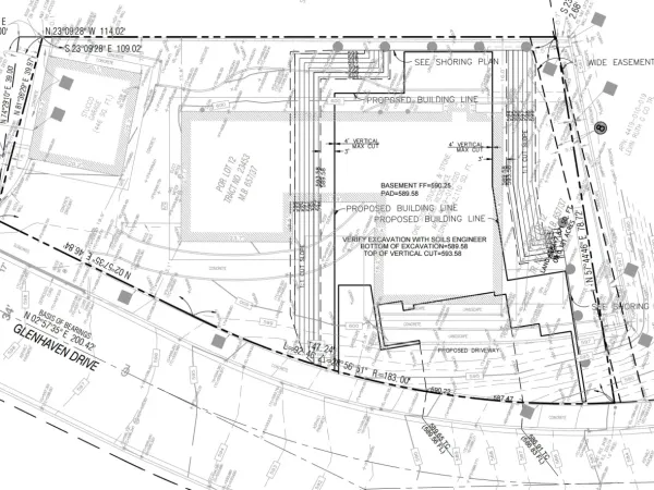 Excavation plan showing basement and garage level construction on a steep Pacific Palisades lot with typical 2:1 slope shoring limits