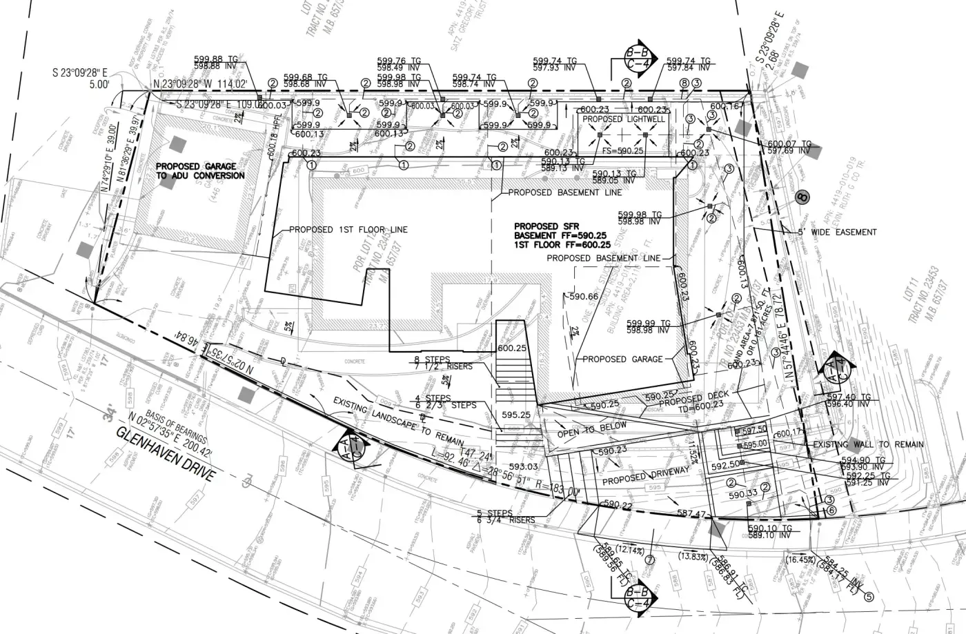 Pacific Palisades Grading Plan: 12% Slope, Basement Level, and Deep Trench Drainage