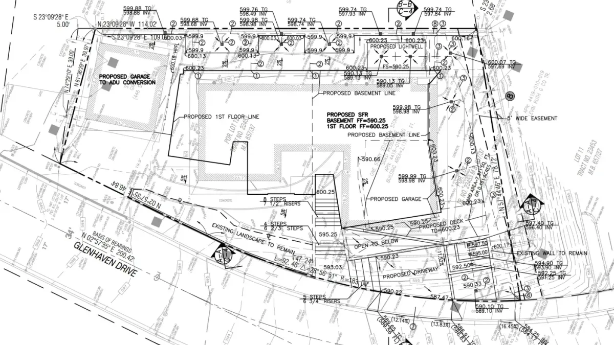 Grading plan for a Pacific Palisades hillside lot showing proposed grades, area drains, and drainage routing on a 12% slope street
