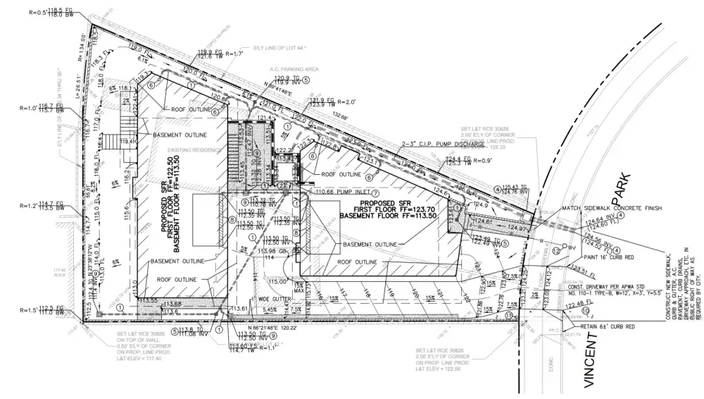 Civil engineering site grading and drainage plan for Vincent Park condo development in Redondo Beach showing proposed residence with basement and roof outlines, floor elevations, contour lines, drainage flow lines, and property improvements