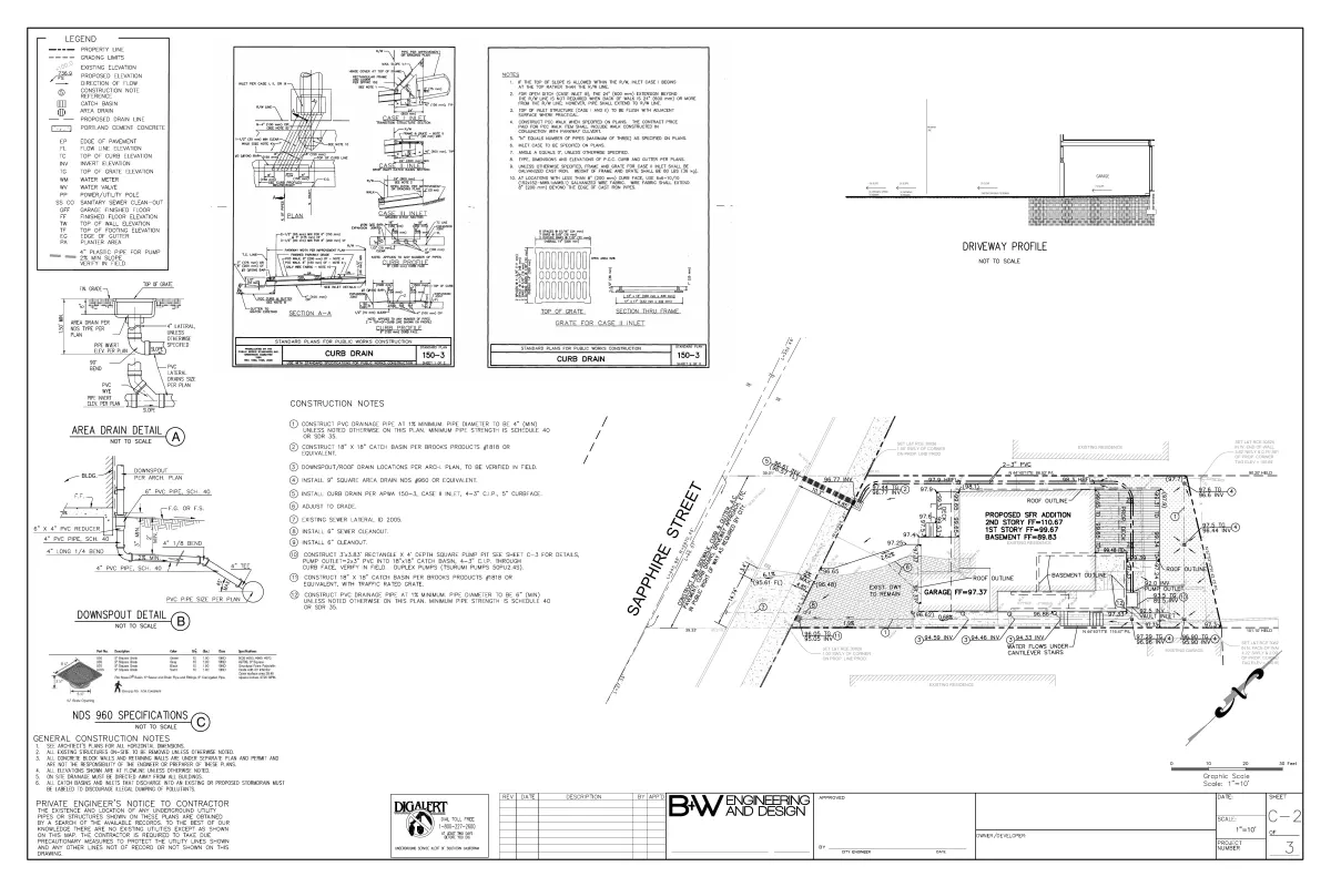 Redondo Beach grading plan showing contours, drainage layout, and proposed additions for residential project in coastal area