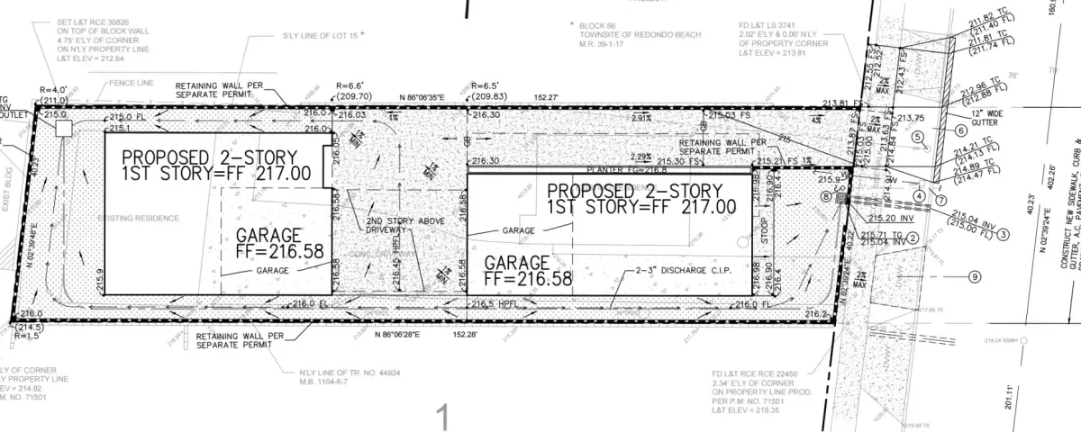 Grading and drainage plan for St Lucia Avenue in Redondo Beach showing two proposed 2-story container homes, bridge structure, driveway under bridge to garages, storm drain pipes, pump outlet, retaining walls, and right-of-way improvements including new sidewalk and curb