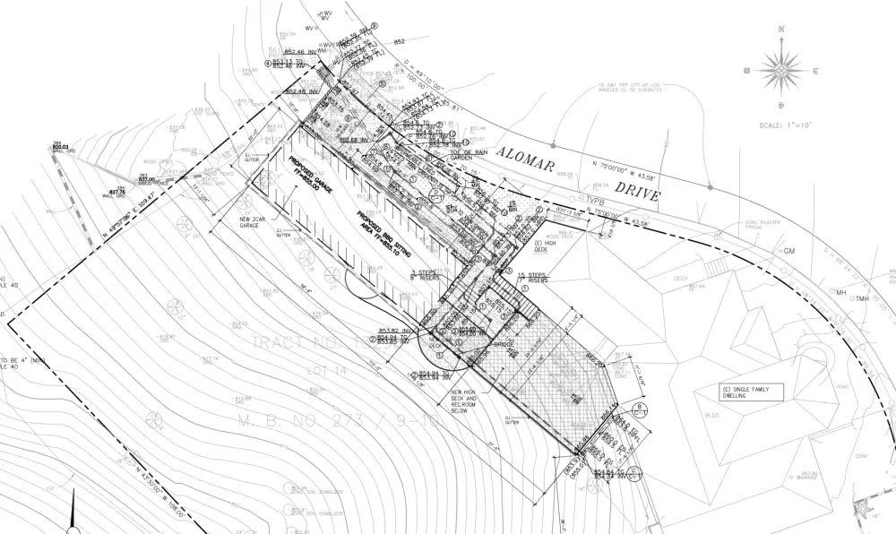 Sherman Oaks grading plan showing contours, retaining walls, rain garden, permeable pavers, and drainage improvements on hillside with 80 foot elevation change