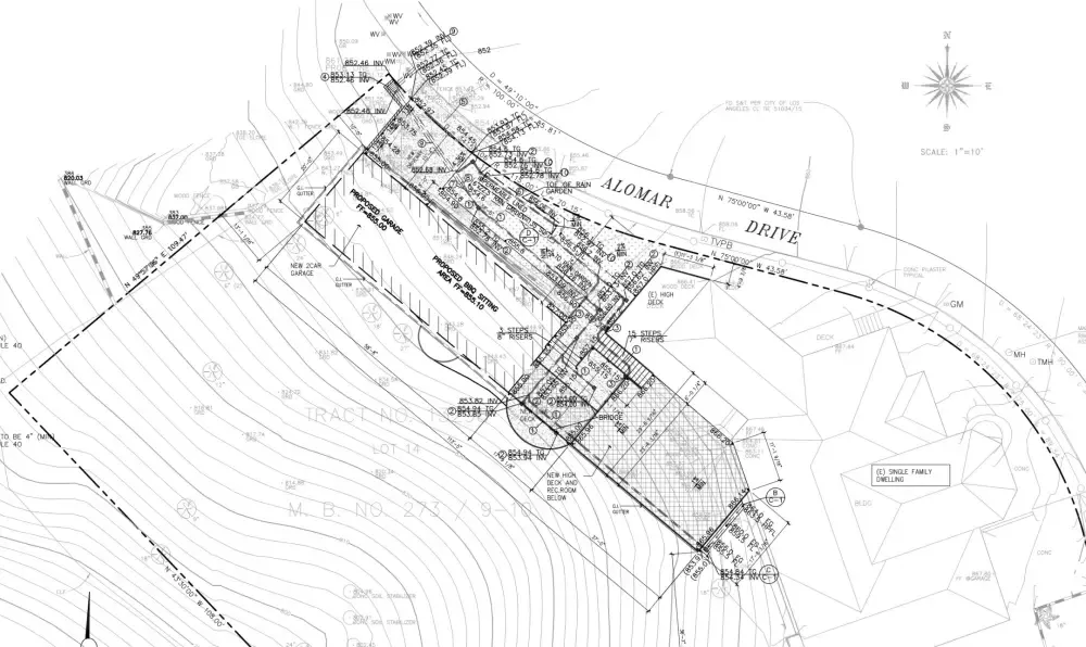 Grading plan for Sherman Oaks hillside residence showing proposed garage, deck, rec room, rain garden, contours, and drainage improvements
