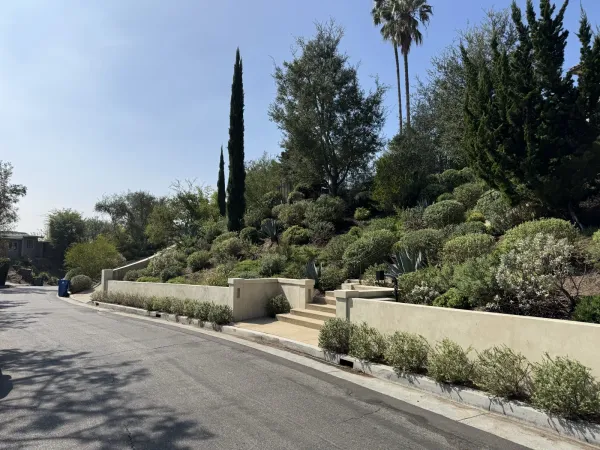 Completed beige stucco retaining wall with concrete steps built into a Silver Lake hillside along Redcliff Street, low shrubs and a blue waste bin at the curb