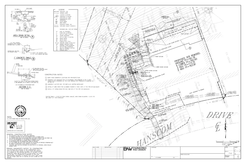 South Pasadena grading plan showing contours, drainage layout, and proposed improvements for multi-story single-family residence with ADUs on steep hillside