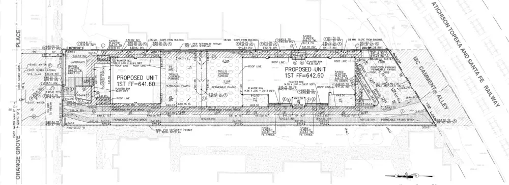 Grading and drainage plan for Orange Grove Place residential project showing contours, LID planter boxes, permeable paving, catch basins, and proposed structures