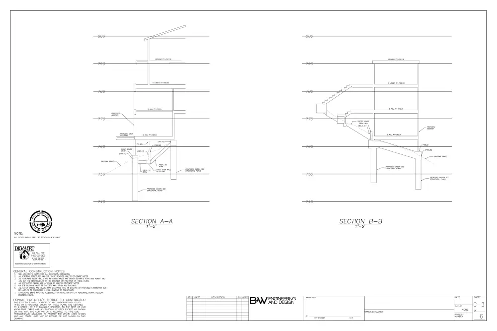 South Pasadena Grading Sections - Cross-sections showing proposed caissons, tie beams, existing grade versus proposed grade, and four distinct floor levels stepping down the hillside