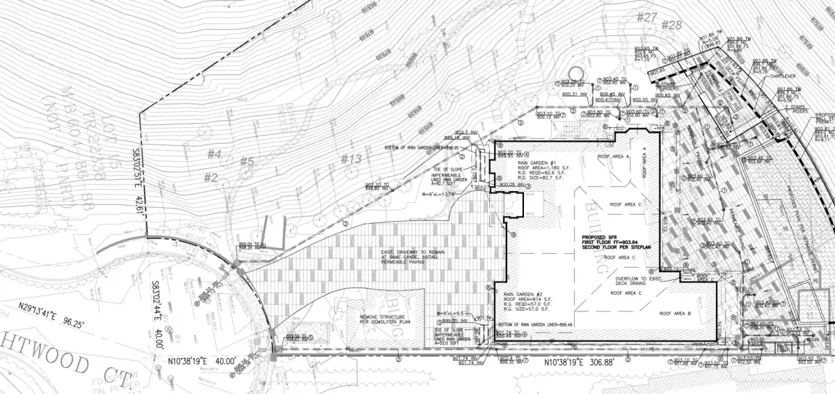 Grading plan for Studio City residence on Wrightwood Court showing contours, rain gardens, permeable paving, catch basins, and proposed 2-story house layout