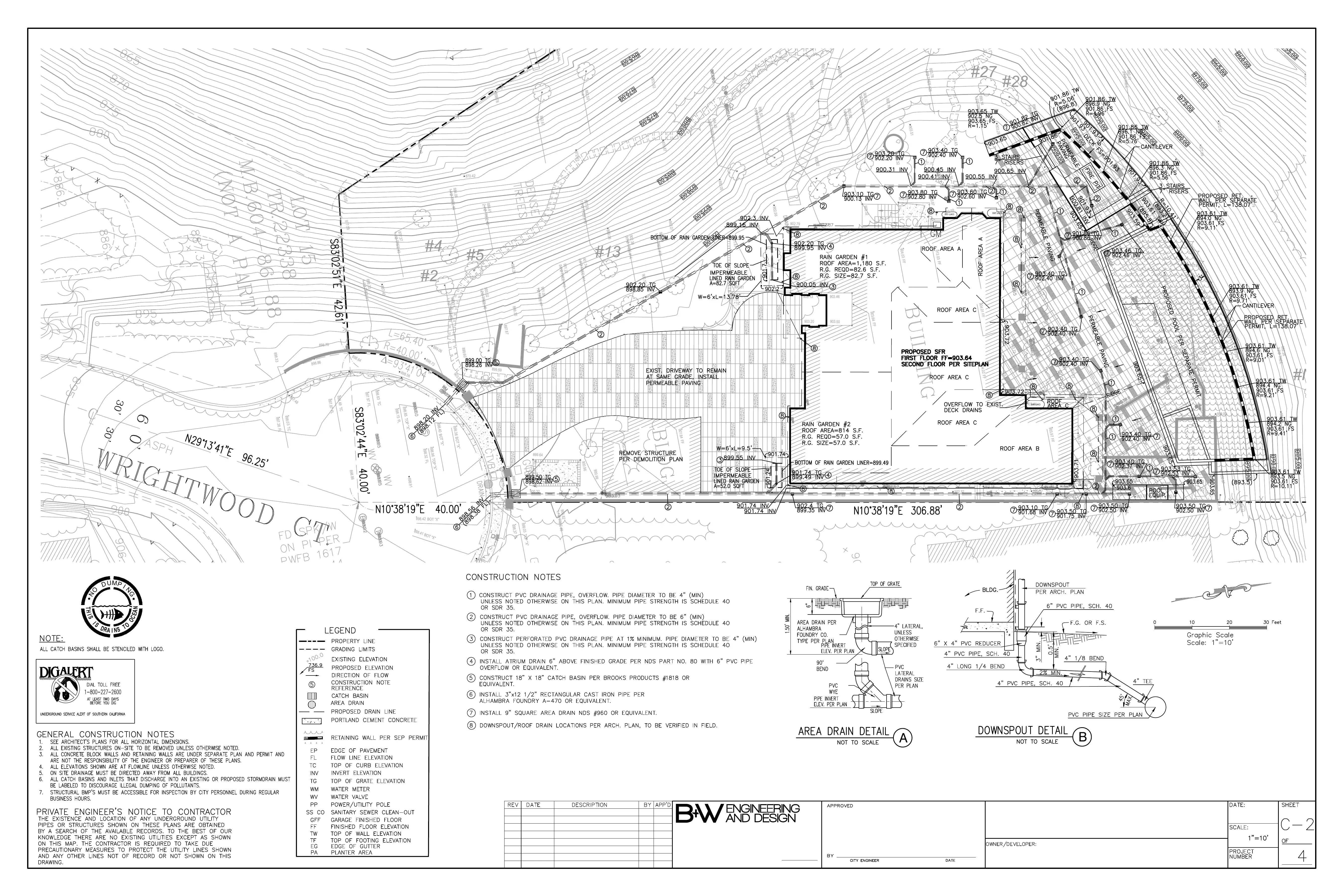 Studio City Grading Plan - Proposed single-family residence on Wrightwood Court showing contours, rain gardens, permeable paving, catch basins, and drainage improvements on hillside property