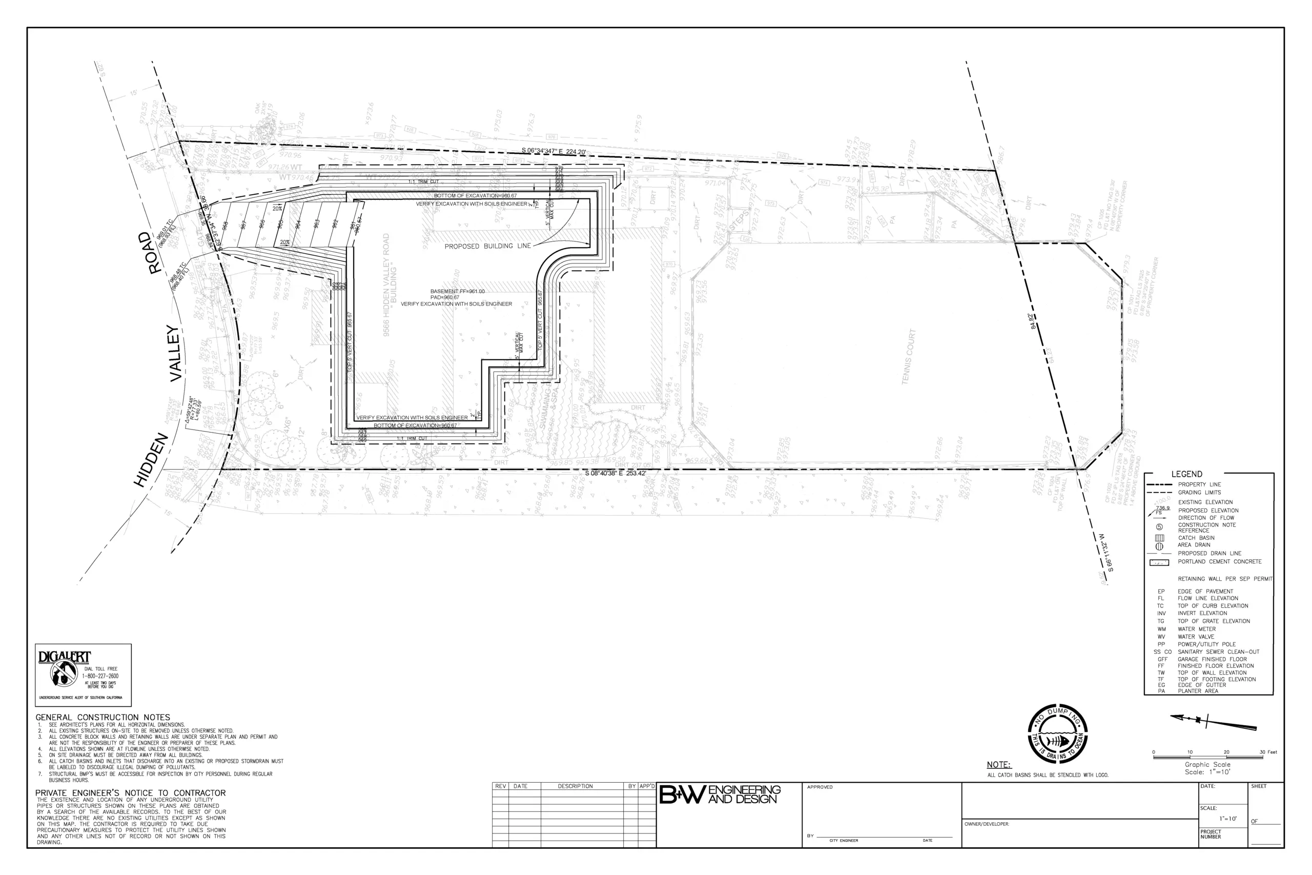 Beverly Hills Grading Plan - Hidden Valley Road showing proposed building with basement and pad elevations, excavation details, topographic contours, and drainage infrastructure