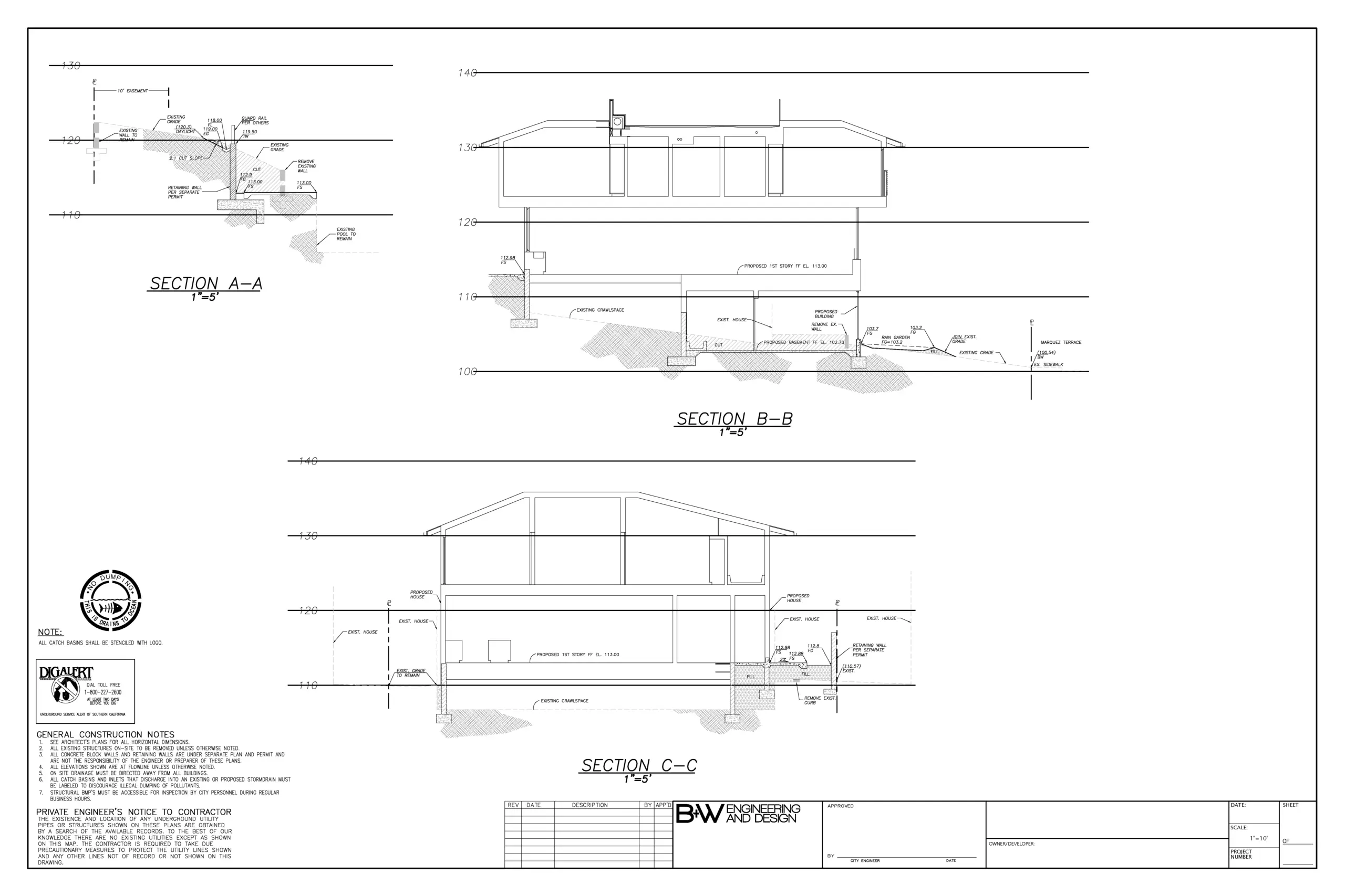 Grading Section - Marquez Terrace showing building cross-sections, proposed basement and garage elevations, rain garden, and existing pool.